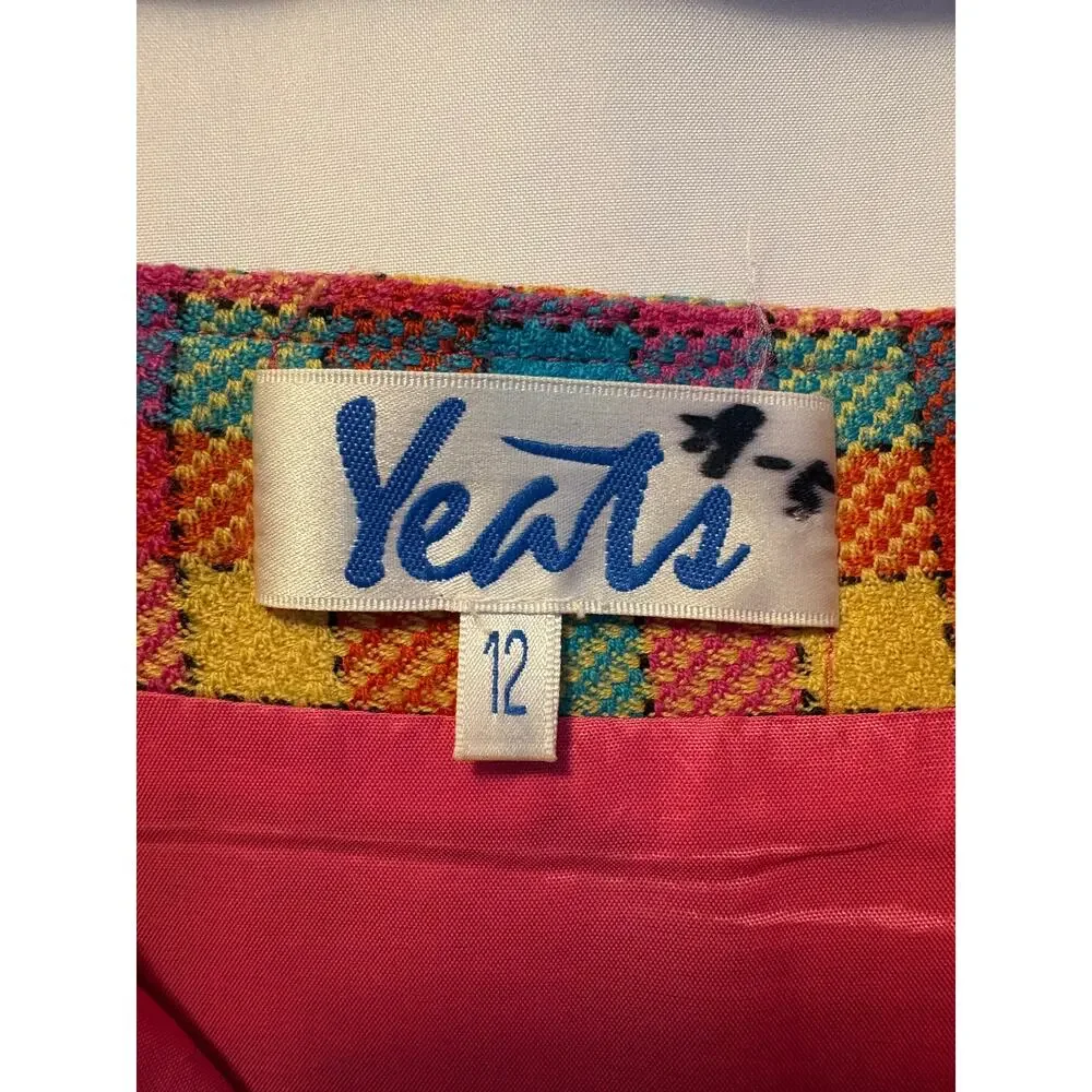 Vintage Yeats Midi Pencil Skirt Orange Blue Tweed Plaid Back Zip Sz 12